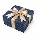 Geschenkbox 25 x 25 x 12 cm aus Karton in Dunkelblau Beige mit Satinband und Punktmuster