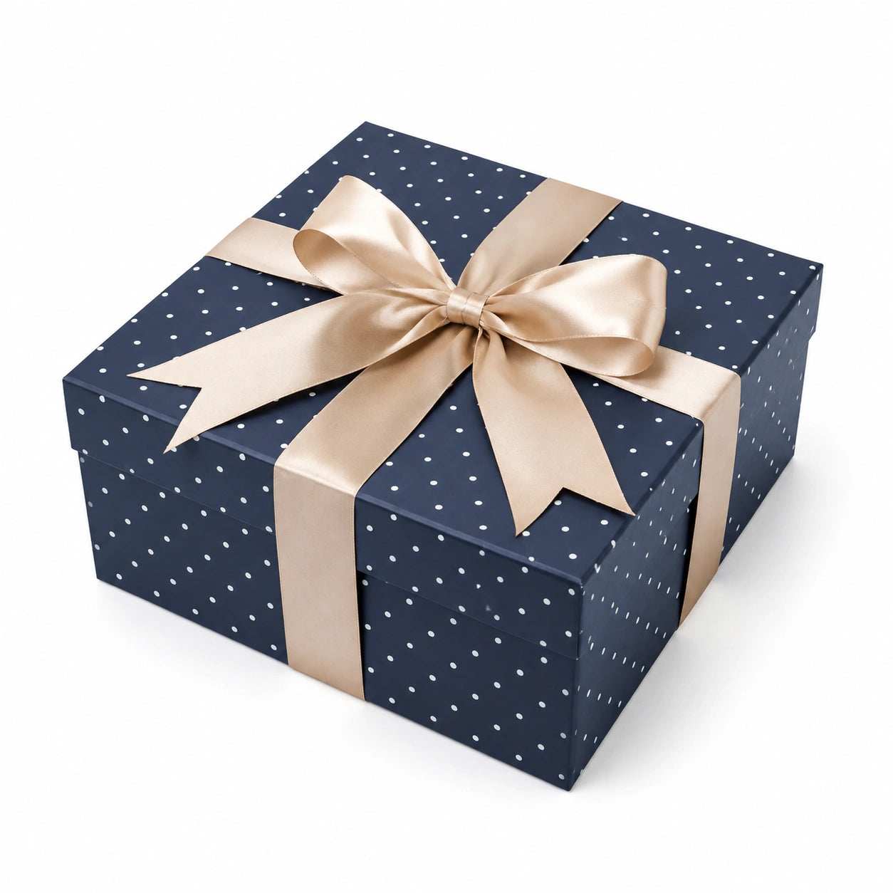 Geschenkbox 25 x 25 x 12 cm aus Karton in Dunkelblau Beige mit Satinband und Punktmuster
