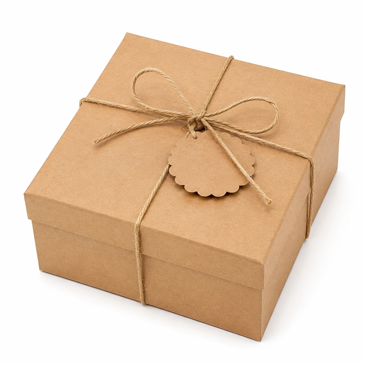 Geschenkbox 20 x 20 x 8 cm aus Kraftpapier in Naturbraun mit Deckel und Kordel