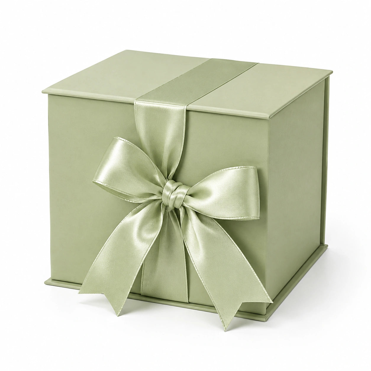 Geschenkbox 30 x 30 x 30 cm aus Karton in Salbeigrün mit Satinband und Deckel