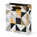 Geschenktüte 26 x 12 x 32 cm aus Papier in Schwarz Weiß Gold mit geometrischem Muster und Tragegriffen