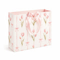 Geschenktüte 32 x 12 x 26 cm aus Papier Weiß Rosa mit Tulpenmotiv und Schleifenhenkeln