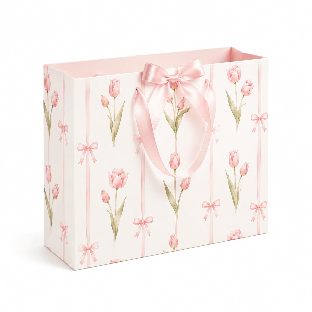 Geschenktüte 32 x 12 x 26 cm aus Papier Weiß Rosa mit Tulpenmotiv und Schleifenhenkeln