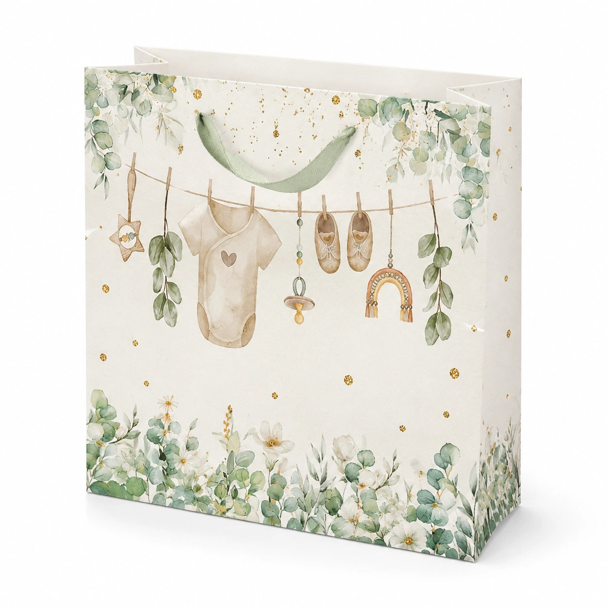 Geschenktüte 32 x 12 x 26 cm aus Papier Cremegrün mit Griffen für Babygeschenke im Blumenstil