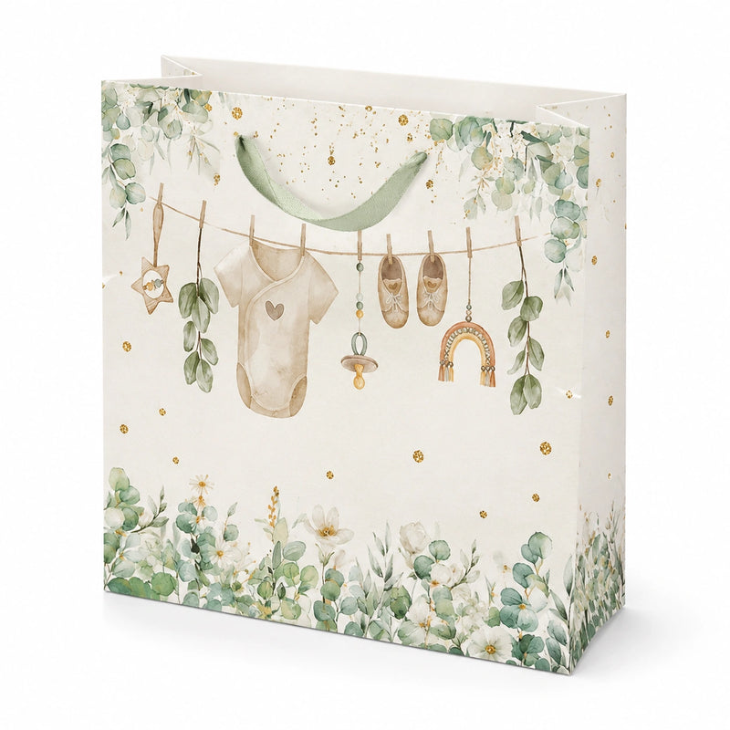 Geschenktüte 32 x 12 x 26 cm aus Papier Cremegrün mit Griffen für Babygeschenke im Blumenstil