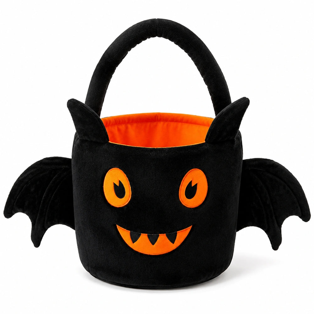 Aufbewahrungskorb 25 cm aus Polyesterplüsch Schwarz Orange im Fledermausdesign mit Tragegriff