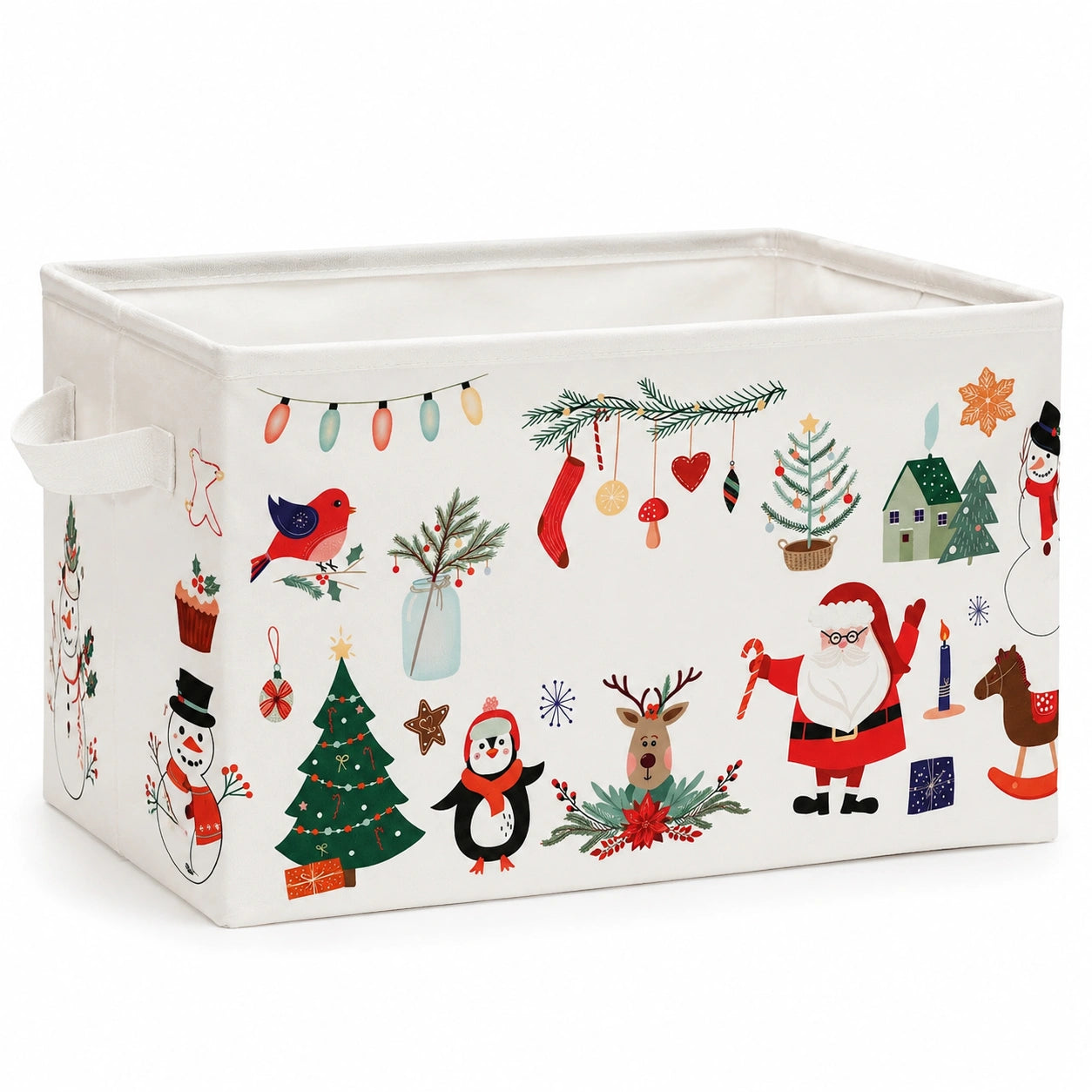 Aufbewahrungsbox 40 cm x 30 cm x 30 cm aus Stoff in Weiß mit Weihnachtsmotiv faltbar