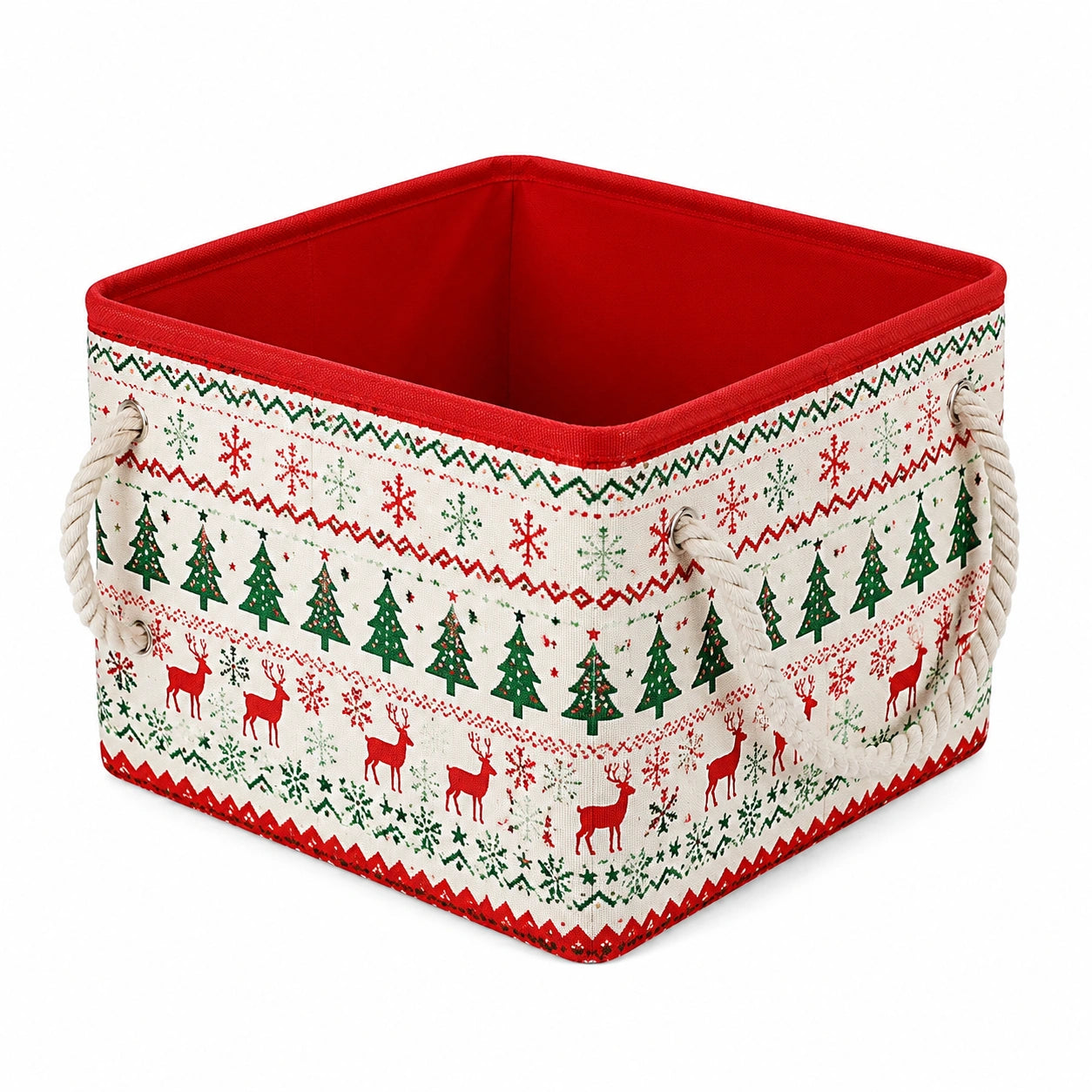 Aufbewahrungskorb 35 x 25 x 25 cm aus Stoff Rot Weiß Grün mit Seilgriffen Weihnachtsmuster