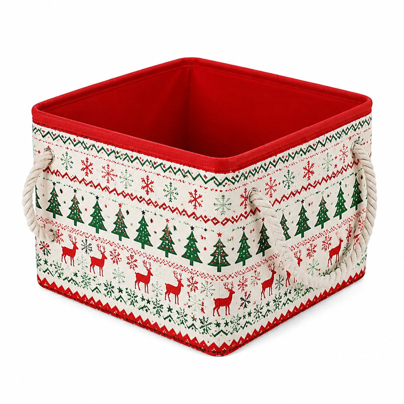 Aufbewahrungskorb 35 x 25 x 25 cm aus Stoff Rot Weiß Grün mit Seilgriffen Weihnachtsmuster