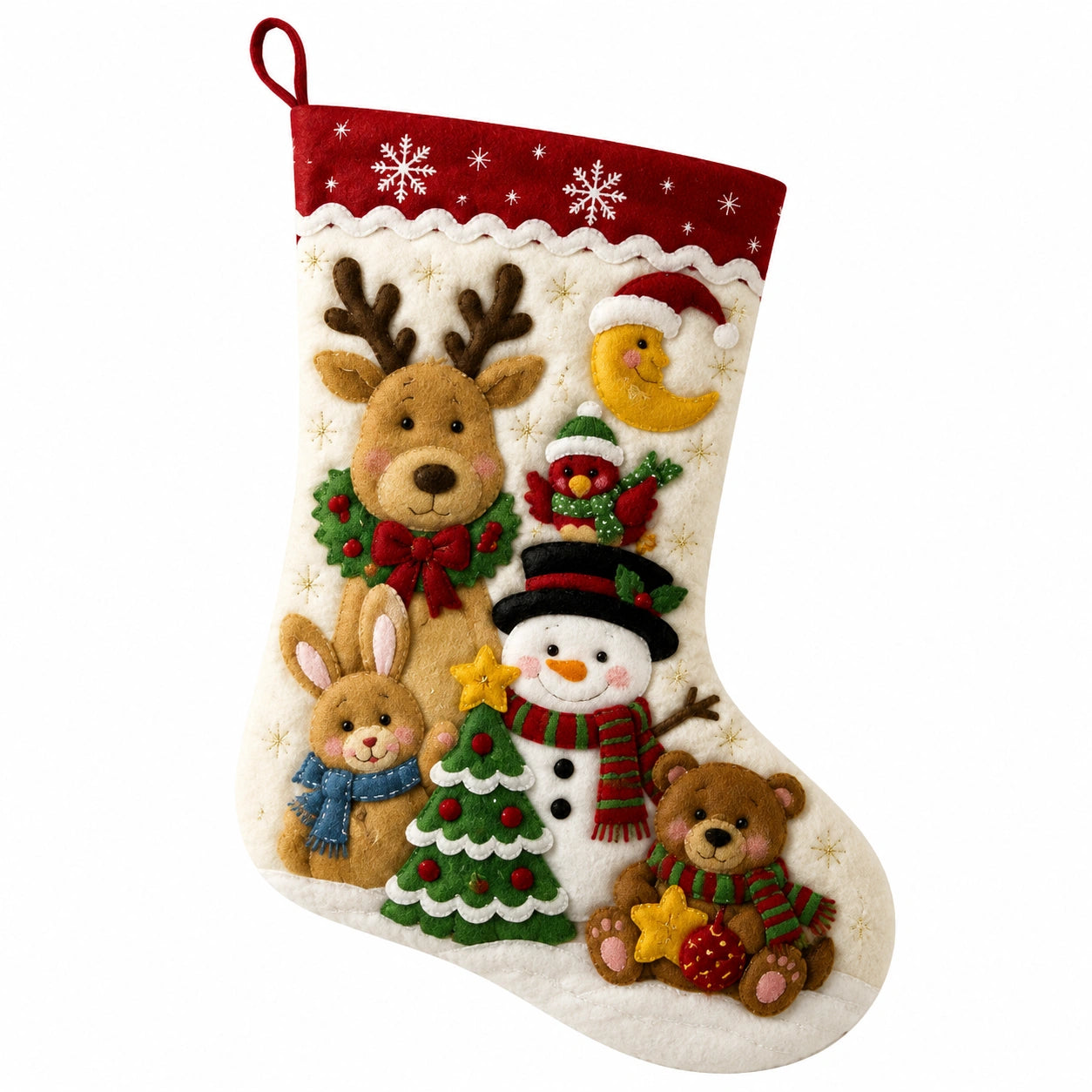 Weihnachtsstrumpf 45 cm aus Filz Rot Weiß mit Aufhängeschlaufe und Wintermotiv