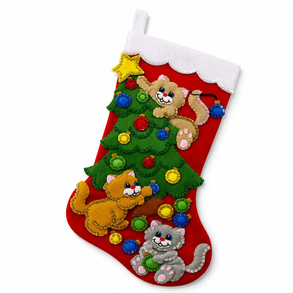 Weihnachtsstrumpf Einheitsgröße aus Filz Rot Grün mit Katzenmotiv zum Aufhängen