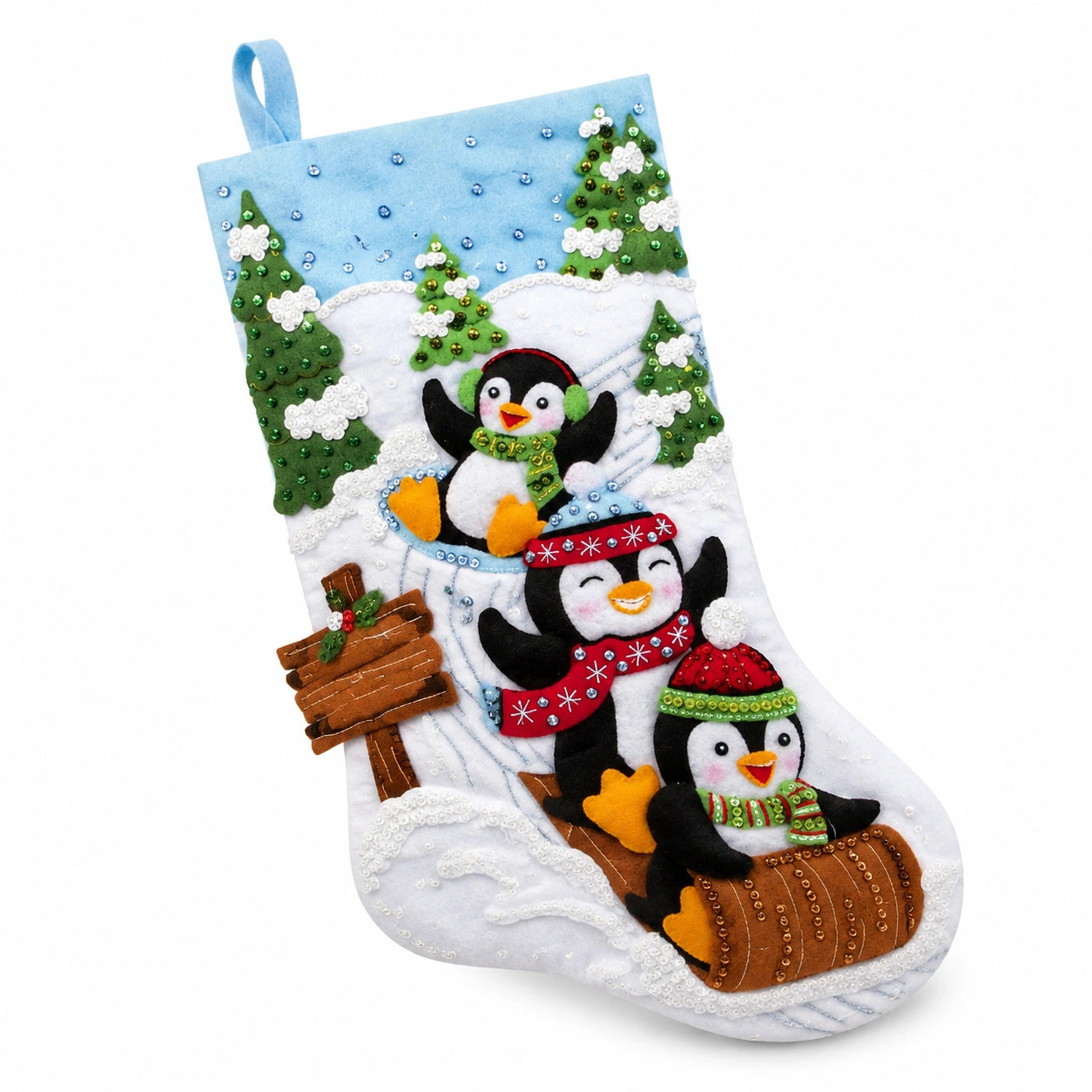 Weihnachtsstrumpf 45 cm aus Filz Blau Weiß zum Aufhängen mit winterlichem Pinguinmotiv
