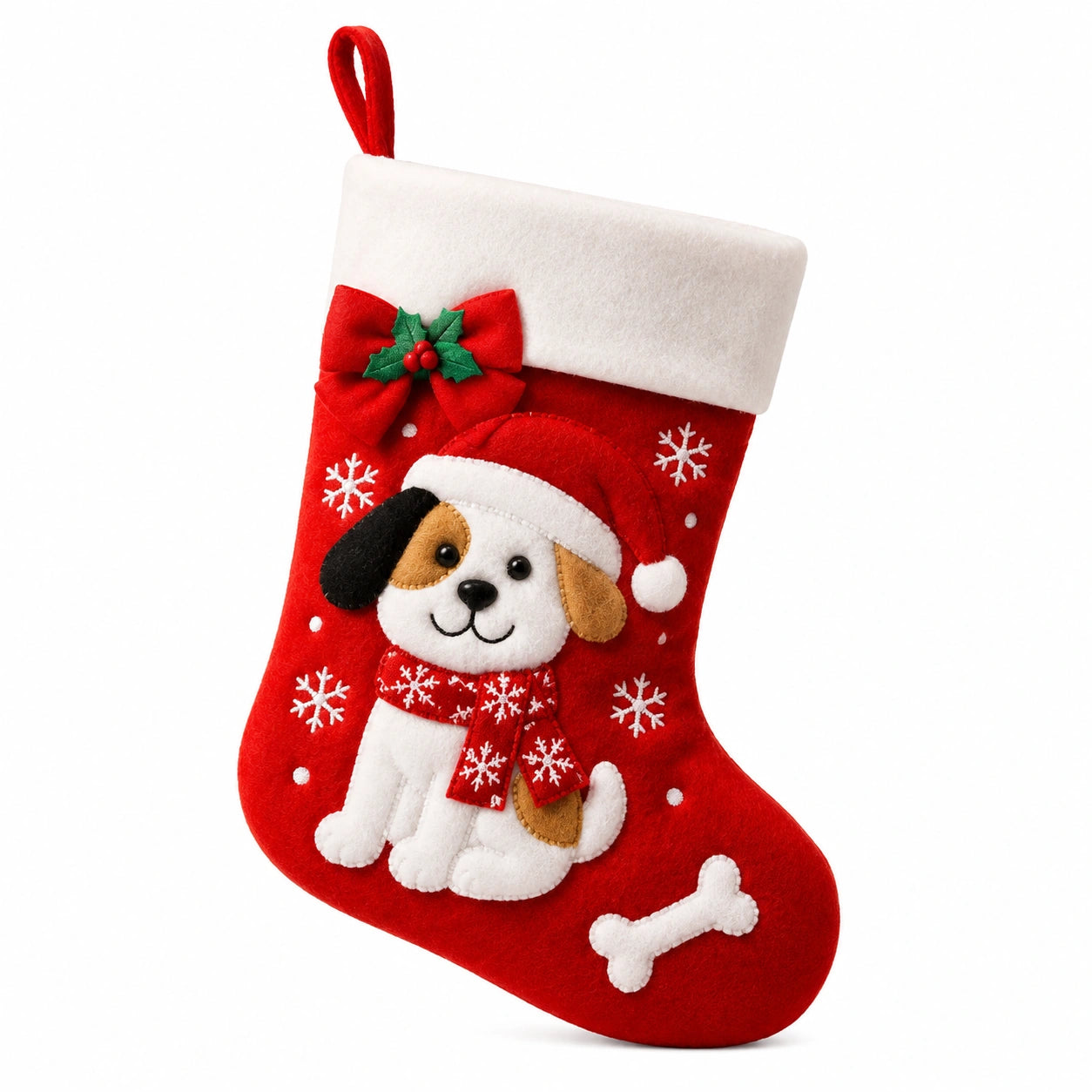 Weihnachtsstrumpf 45 cm aus Filz Rot Weiß mit Hundeapplikation zum Aufhängen