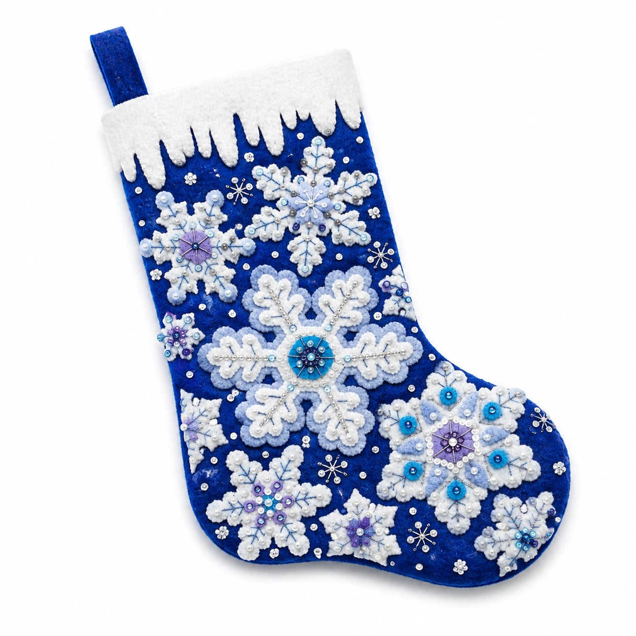 Weihnachtsstrumpf Groß aus Filz Blau mit Schneeflocken zum Aufhängen