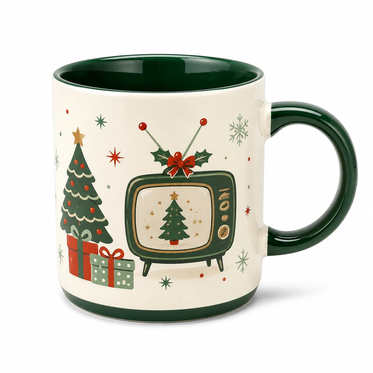 Kaffeetasse 350 ml Keramik Cremegrün mit Weihnachtsmotiv für Heißgetränke im Retro-Stil